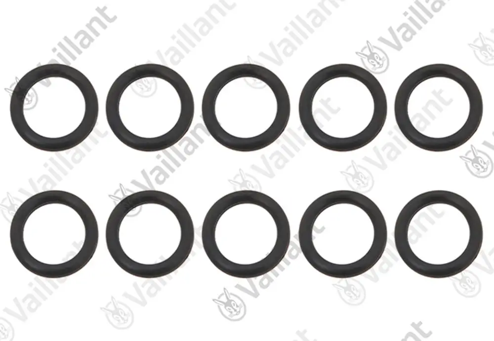 Schwarze O-Ringe in einer Vielzahl von 10 Stück, geeignet für verschiedene Anwendungen, dargestellt auf einem weißen Hintergrund mit dem Logo von Vaillant.